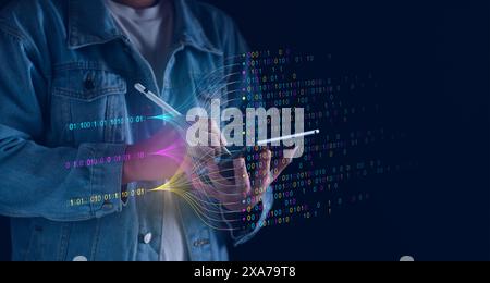 Data analytics and insights powered by big data and AI technologies. Data businessman analyzing complex information with artificial intelligence for b Stock Photo