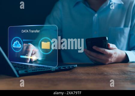 Database management cloud computing and data center security file document transfer concept, Businessman transfer data online security system in busin Stock Photo