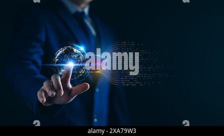 Data analytics and insights powered by big data and AI technologies. Data businessman analyzing complex information with artificial intelligence for b Stock Photo