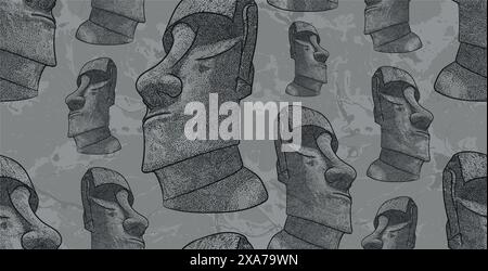 Beautiful indigenous moais heads megalithic sculpture seamless pattern with marble effect at background Stock Vector