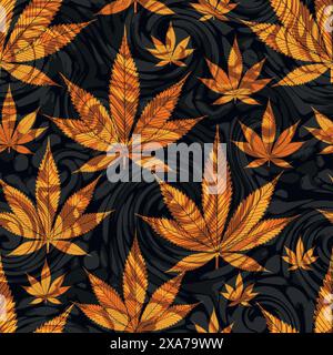 golden cannabis leaves seamless pattern with waves black background Stock Vector
