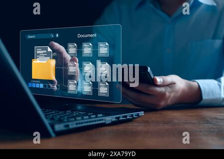 Document management and network system concept. Businessman use smart tablet loading documents in online archives ,Document management Storage and tec Stock Photo