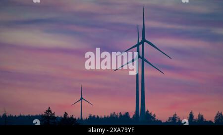 Wind turbines in the countryside in front of the colorful sky at dawn Stock Photo