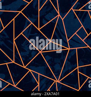 Modern geometric golden triangle grid with zig zag art and blue marble half toned background seamless pattern Stock Vector