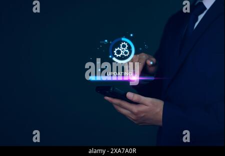 Operating system upgrade concept, installation app and software update process, modernize user equipment, update modern functions, developer released Stock Photo
