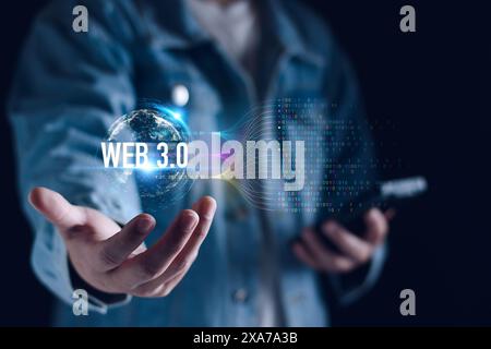 Web 3.0 concept. businessman hand show web 3.0 with globe. AI Technology global network, Future Technology Computer, Global Business Futuristic, websi Stock Photo