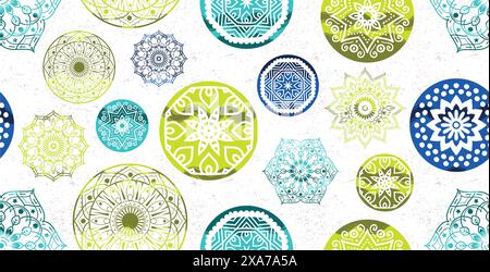 Beautiful green and blue mandala seamless pattern with white background Stock Vector