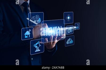 Digital transformation AI technology strategy, digitization and digitalization of business processes and data, Artificial Intelligence, optimize and a Stock Photo