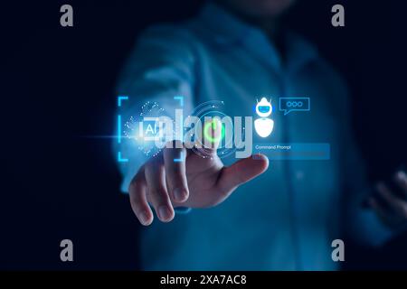 Chatbot AI concept. Artificial Intelligence. businessman using technology smart robot AI, enter command prompt, contact for business information analy Stock Photo