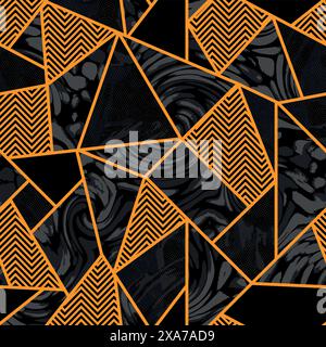 Modern geometric golden triangle grid with zig zag art and marble black and grey background seamless pattern Stock Vector