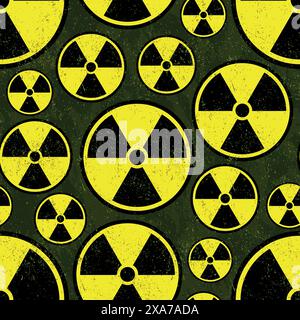 Radioactive nuclear symbol over green background with worn out effect seamless pattern Stock Vector