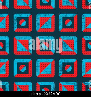Geometric rounded square blue and red seamless pattern with half toned and worn out effect Stock Vector