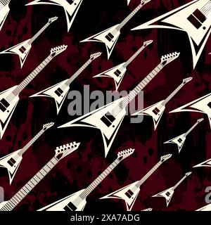 White electric V form guitar over dark red water color background effect seamless pattern Stock Vector