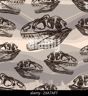 Brown T rex skull seamless pattern with earth ground at background Stock Vector