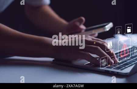 Businessman staff, programmer, developer using technology with triangle caution warning sign notification error and maintenance concept. System warnin Stock Photo