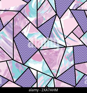 Modern geometric triangle grid with zig zag art and watercolor background pastel color seamless pattern Stock Vector