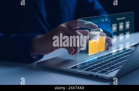 Document management and network system concept. Businessman use smart tablet loading documents in online archives ,Document management Storage and tec Stock Photo