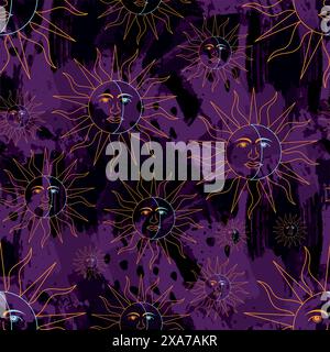 sun and moon illustration medieval style seamless pattern over dark violet water color effect at background Stock Vector