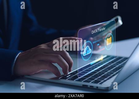 Database management cloud computing and data center security file document transfer concept, Businessman transfer data online security system in busin Stock Photo
