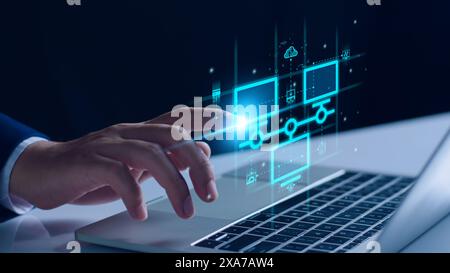 Smart data exchange technology, Data transfer, Cloud network connects to internet server of business. Online data storage and cyber security. Cloud sy Stock Photo