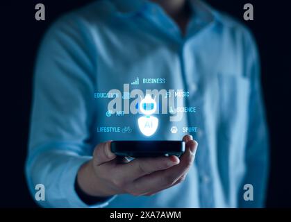 AI Learning and Artificial Intelligence Concept. AI technology in everyday life. Technology and people concept man use AI to help work, Business, mode Stock Photo