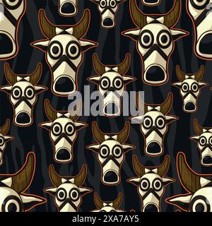Beautiful ancient african indigenous cow mask representation seamless pattern over a animal print camouflage background Stock Vector