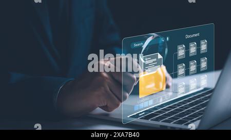 Document management and network system concept. Businessman use smart tablet loading documents in online archives ,Document management Storage and tec Stock Photo