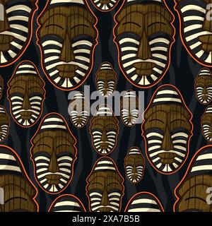 Beautiful ancient african indigenous zebra mask man representation seamless pattern over a animal print camouflage background Stock Vector