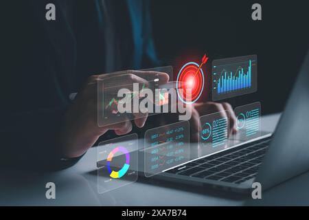 KPI to analyze performance and create insight reports for operations management. Businessman works on laptop Showing business analytics dashboard with Stock Photo