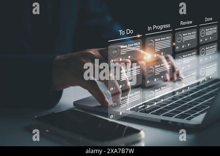 Agile software development or project management using kanban or scrum methodology boards on screen. Process, workflow, visual organisation tools and Stock Photo