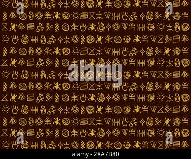 Yellow ancient native american and indigenous rock painting pattern over a dark brown background Stock Vector