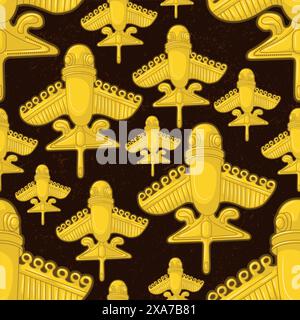 Beautiful colombian ancient indigenous flying animal golden representation seamless pattern over a black worn out background Stock Vector
