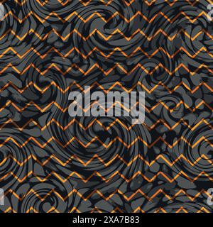Modern golden zig zag lines over a balck and grey waves seamless pattern Stock Vector