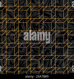 modern golden cube grid with white and black wave effect seamless pattern Stock Vector
