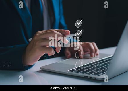 Check list concept. Businessman tick off questionnaire, survey, test ...