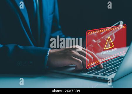 Scam alert, software warning fraud, cyber security. Hacker detection cyber attack on computer network, virus, spyware, malware, malicious software and Stock Photo