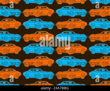 Muscle car vector set collage with orange and brown colors and geometric pattern at background Stock Vector