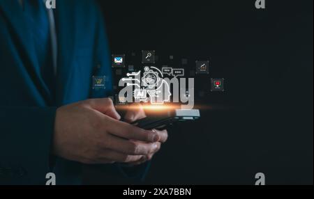 Chat robot ai assistant concept. Businessman show command prompt to smart ai chatbot. Modern technology ai or artificial intelligence service business Stock Photo