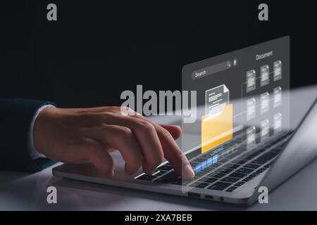 Document management system concept. Businessman manage digital business data, file storage, database document and file collection. Technology software Stock Photo