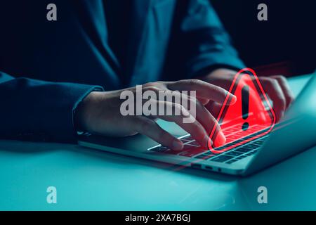 Scam alert, software warning fraud, cyber security. Hacker detection cyber attack on computer network, virus, spyware, malware, malicious software and Stock Photo