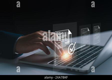 Electronic document management concept. Document management man sign an electronic approve, online document, paperless workplace, digital electronic a Stock Photo