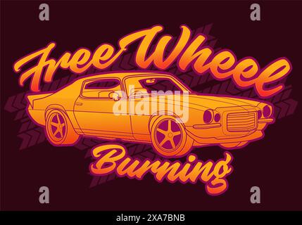 Free Wheel Burning Muscle Car vintage art with tire pattern at background.This design is suitable for old style or classic car garage, shops, repair. Stock Vector