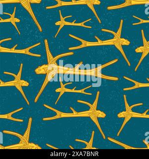 Beautiful colombian ancient indigenous golden fish representation seamless pattern over a blue worn out background Stock Vector