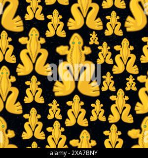 Beautiful colombian ancient indigenous golden frog representation seamless pattern over a black worn out background Stock Vector