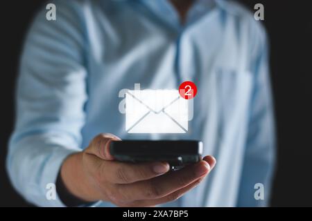 Email business marketing notification concept. Inbox receiving electronic message alert. Business email communication, digital marketing. business peo Stock Photo