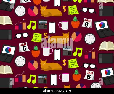Work from home pattern icons over dark magenta background. Quarantine remote job concept Stock Vector