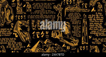 Beautiful ancient egypt elements golden figures seamless pattern with black background Stock Vector