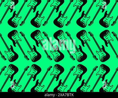 Retro Electric Guitar repetition pattern over green background. Music, instruments and rock concept Stock Vector