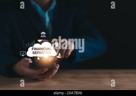 Financial services concept. Advisor holding virtual cloud technology financial services support online system. Advisor giving financial management adv Stock Photo