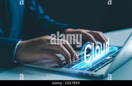 Cloud service technology concept. businessman use laptop with cloud service computing, transfer data storage, backup information, digital business net Stock Photo